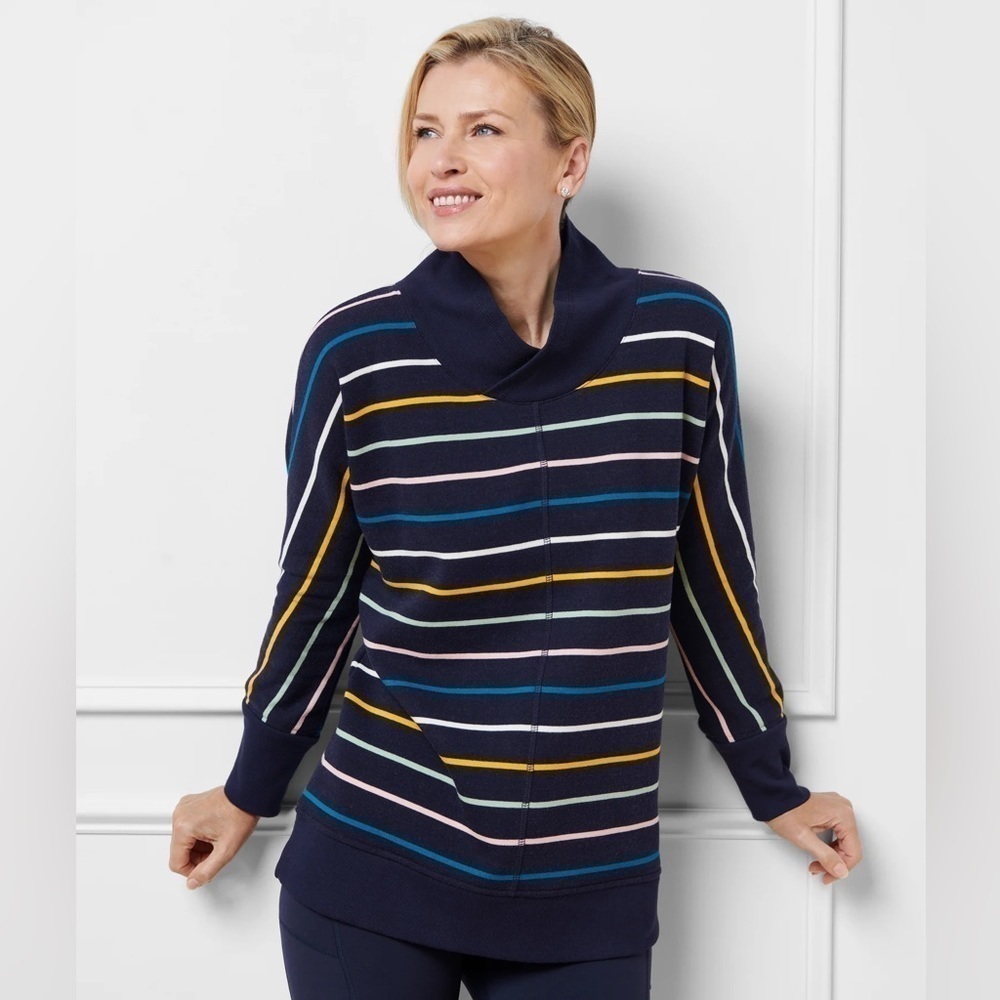T by Talbots Womens Asymmetrical Stripe Navy Mockneck Sweatshirt Size XL NWT